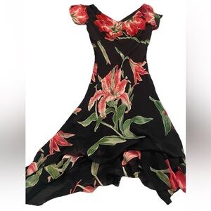 Vintage Lola P Black Floral Beaded Asymmetrical Dress Women’s Medium MIDI